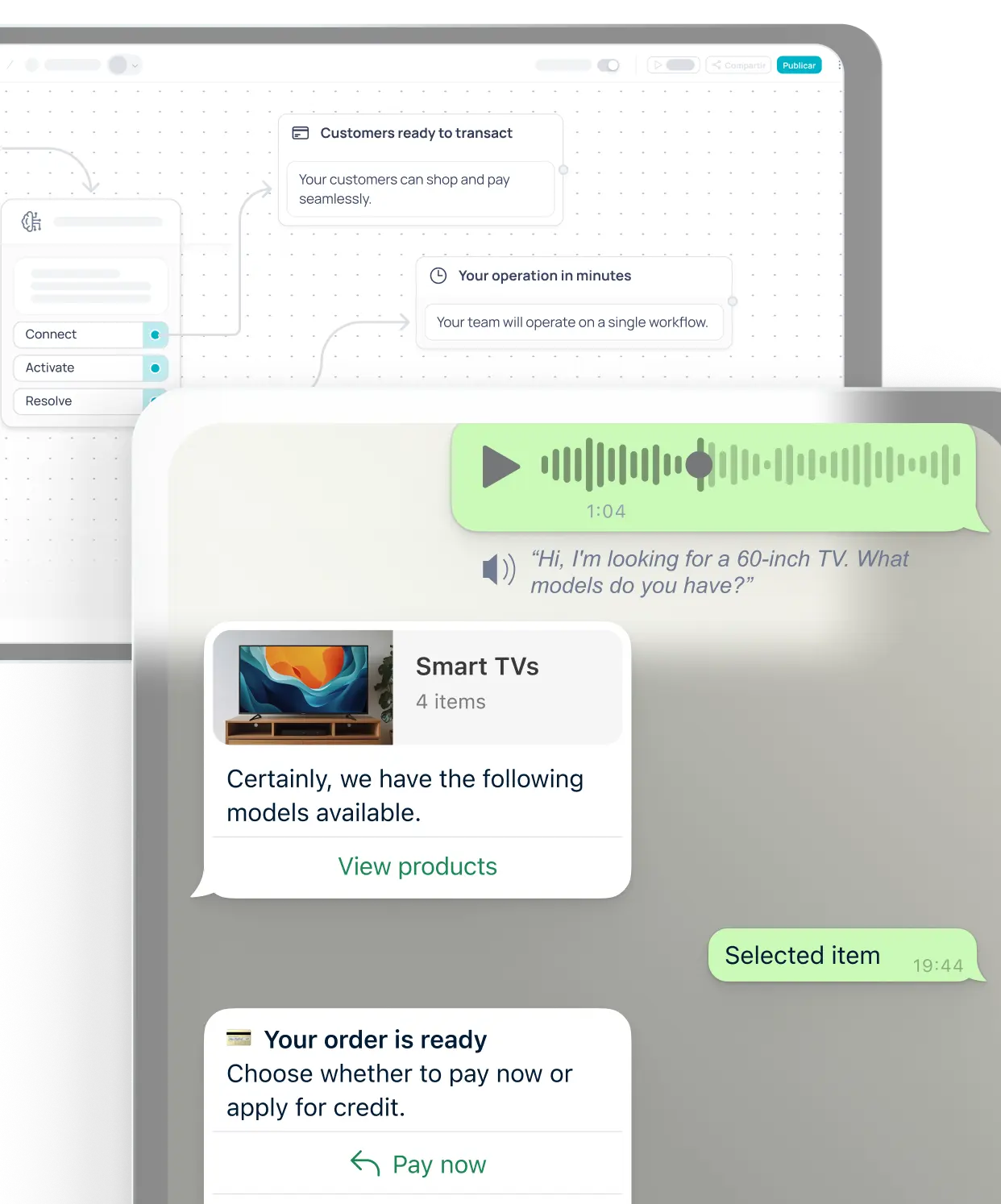 Brain Studio flow editor next to a WhatsApp conversation with audio, products and CTAs.