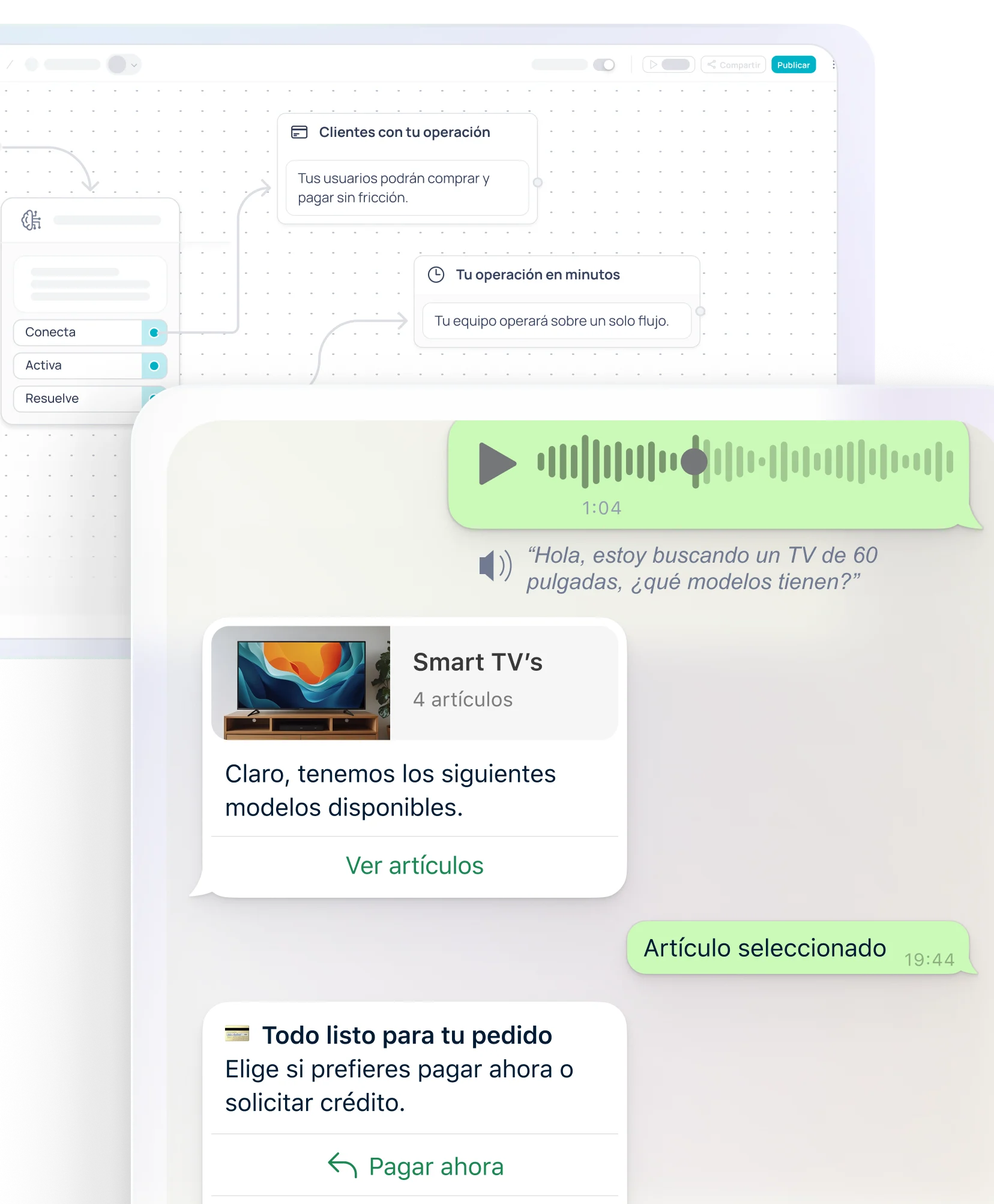 Brain Studio flow editor next to a WhatsApp conversation with audio, products and CTAs.