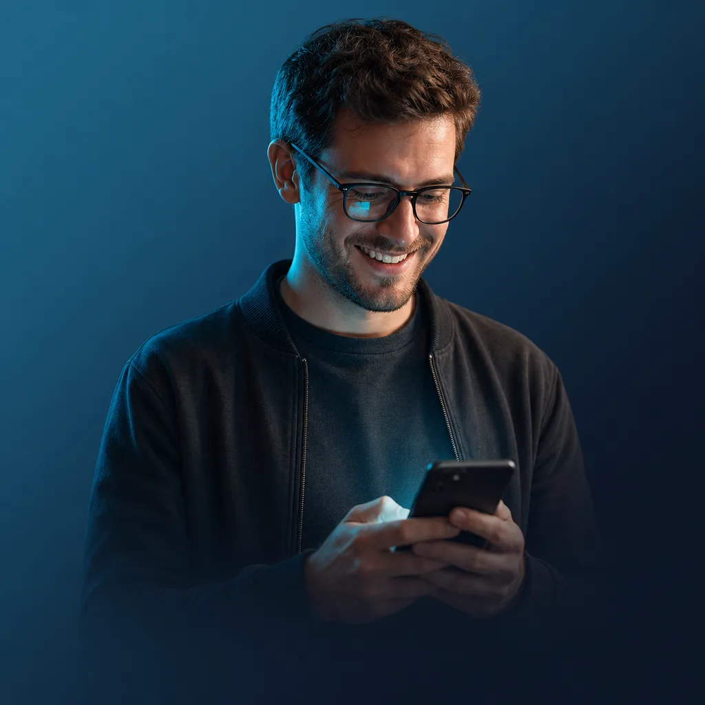 Developer smiling while chatting on WhatsApp with a Jelou agent